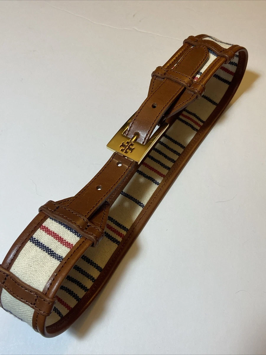?Like New Tory Burch Dash Belt XXS Canvas Stripe Brown Leather Gold Logo Tory Burch 141742 Britten Logo Black/Classic Tan With Gold  main image 4