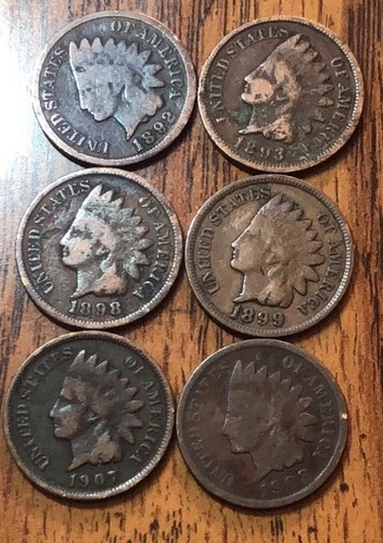 Indian Head 1892,1893,1898,1899,1907,1903 Get  (6) These Actual Penny’s N113
