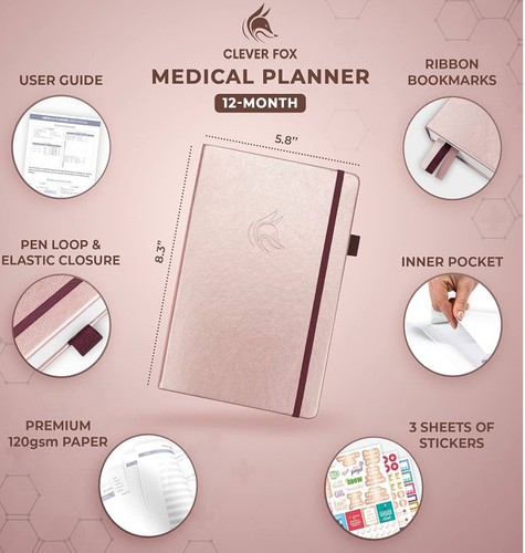 Clever Fox Medical Planner Wellness Journal Health Diary Rose Gold 12 Month - Picture 8 of 10
