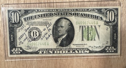 1934 $10 TEN DOLLARS FEDERAL RESERVE NOTE CHRISTMAS GIFT FOR HUSBAND MONEY - Picture 5 of 11