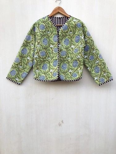 Indian Green Floral Quilted Cotton Jacket Handmade Jacket Women's Clothing US - Picture 2 of 5