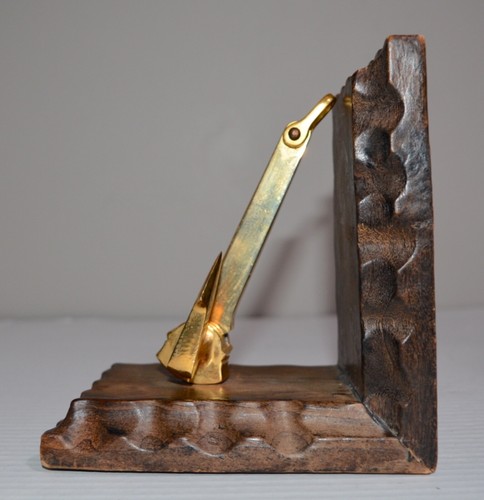 Vintage Ancora Hall Brass Anchor Bookend with Carved Wooden Stand Nautical Decor - Picture 5 of 8