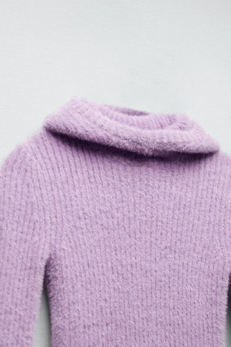 Zara Women Knitted Jersey With Fur Fur Hood Size L Purple - Picture 3 of 14