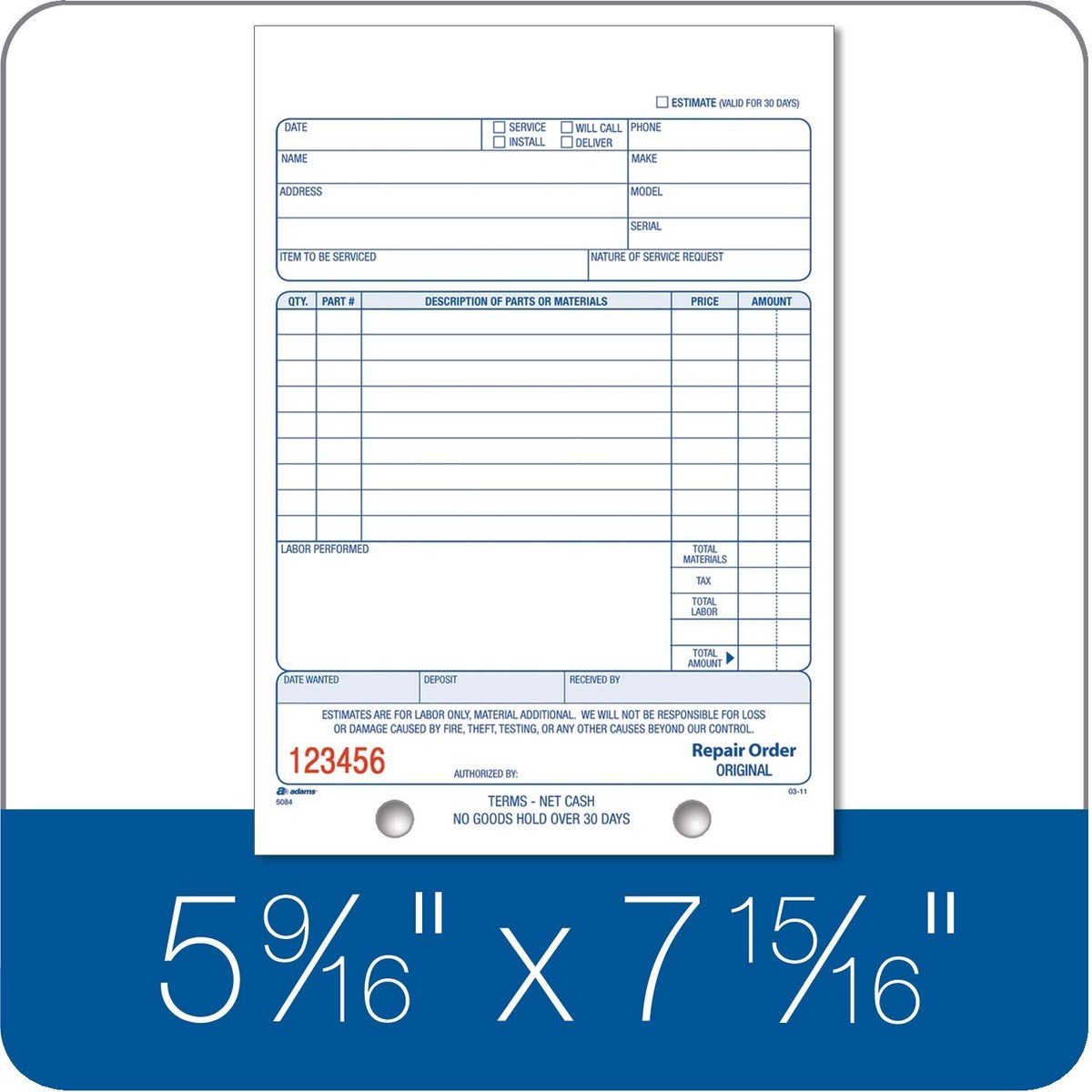 アダムスページ Adams Repair Order Book, 3-Part Carbonless, White/White/White, 5-9