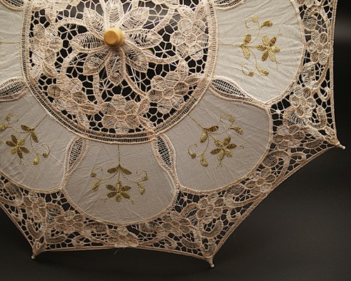 20" Ivory Gold Wedding Lace Linen Parasol Umbrella Bridal Shower Party Decor - Picture 3 of 3