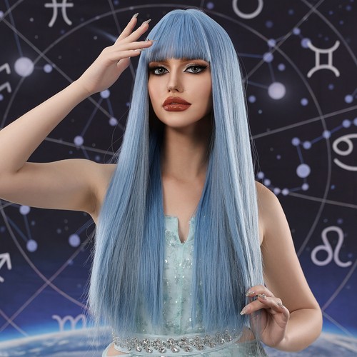 Blue Long Straight Hair Wigs with Bangs Soft and Dreamy Women's E2F2 - Picture 3 of 12