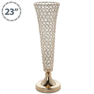 2 Gold Metal 23 Tall Faux Crystal Beaded Trumpet Vases Wedding Image Is Loading 2 Gold Metal 23 034 Tall Faux Crystal