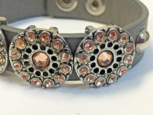 Flower Rose Gold Tone Rhinestone Gray Leather Strap Snap Closure Bracelet - Picture 3 of 11