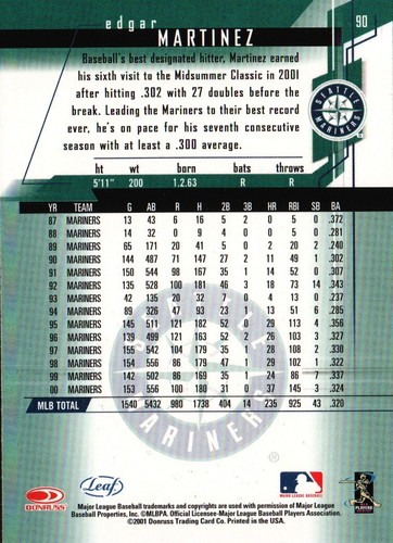 2001 Donruss Leaf Rookies & Stars #90 - Edgar Martinez Seattle Mariners 01-085 - Picture 2 of 2