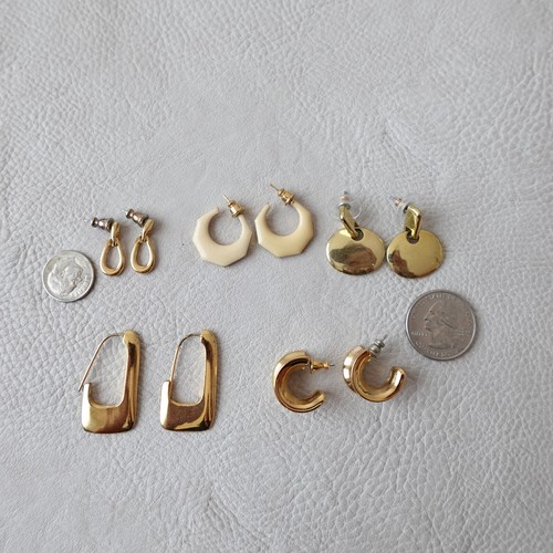 Vintage 90s Dangle C Hoops Round Earrings Gold Tone Pierced Lot of 5 - Picture 2 of 5