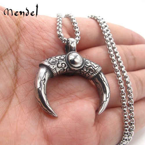 MENDEL Mens Stainless Steel Bull Buffalo Horn Pendant Necklace Chain For Him Men - Picture 5 of 6
