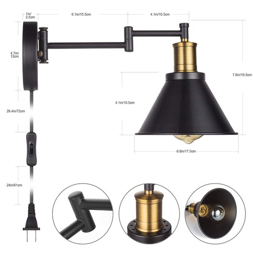 Swing Arm Wall Lamp Plug-In Cord Industrial Wall Sconce back Finish 2 lights - Picture 5 of 8