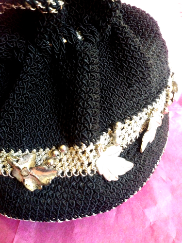 VTG 60'S BLACK SILVER PURSE CROCHET DRAWSTRING METALLiC LEAVES WEDDING CHIC - Picture 10 of 20