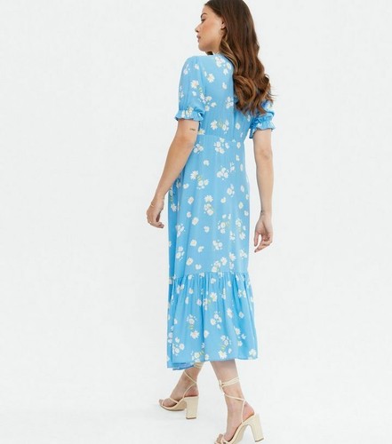 NEW LOOK Maternity Blue Floral Tiered Wrap Midi Puff Sleeve Summer Dress size 8 - 第 2/5 張圖片