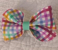 Handmade Jeweled Plaid Faux Leather Pinwheel Hair Bow Alligator Clip 2x3"