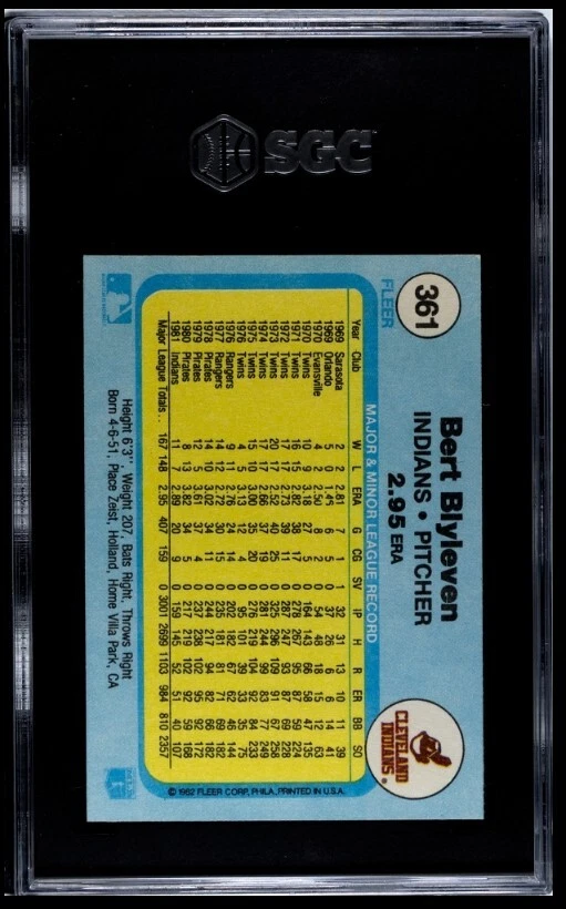 1982 Fleer #361 Bert Blyleven HOF SGC 10 Gem Mint - Image 2 of 2