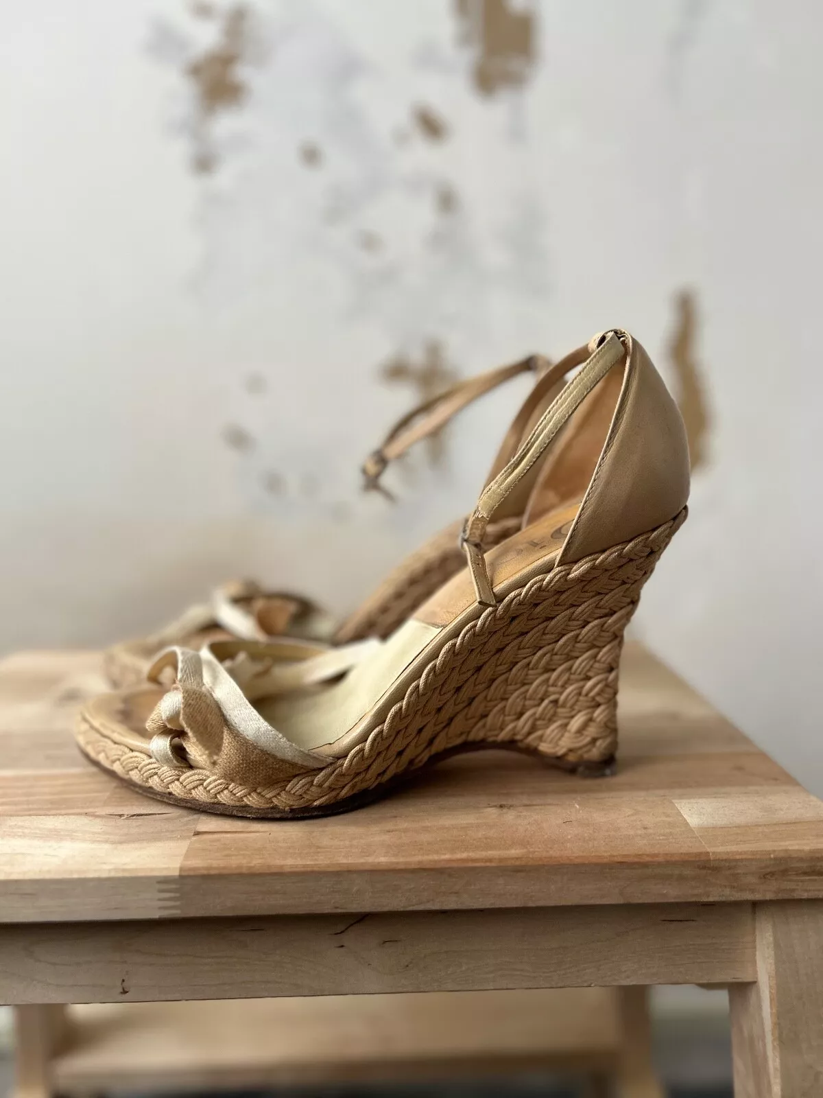Sandale Dior Camel cuir verni métal cannage talon Eu 38 plateformes