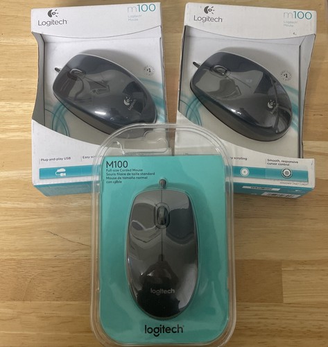 Lot Of 3 Logitech M100 (910001601) Wired Optical Mouse New In Box