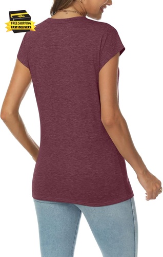 V Neck T Shirts for Women Cap Sleeve Business Casual Tops Summer Cute Beach Vaca - Picture 4 of 5