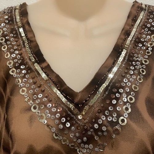 REVUE Swimsuit Coverup Animal Print Brown Sequins Embellished Sheer Size Medium - Picture 3 of 5