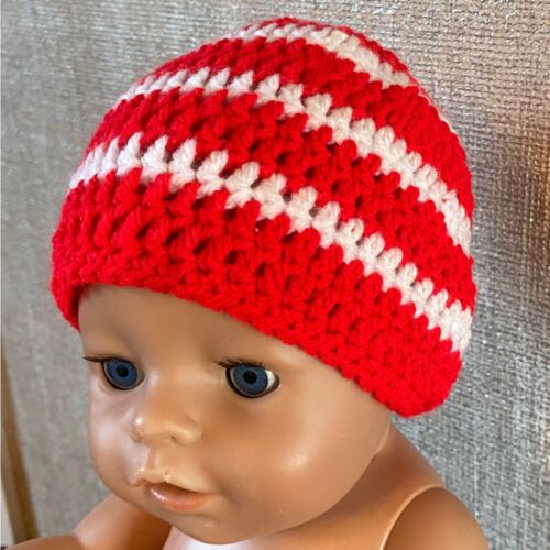 Striped Crochet Baby hat Beanie Boys 6-12 Months Red Preppy Boho Retro Cute - Picture 9 of 9