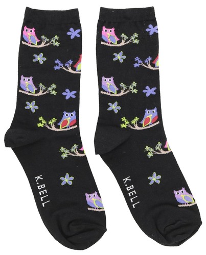 K. Bell Women's Colorful Owls Crew Socks 60% Cotton Black Purple Size 9-11 - Picture 2 of 4