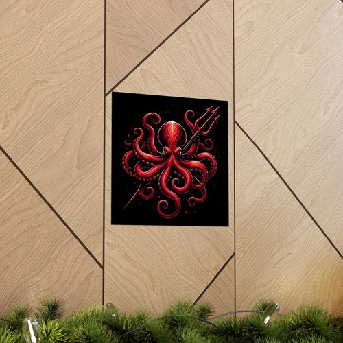 Matte Square Poster Wall Art Octopus Blood Red Black Trident Kraken Nautical - Picture 20 of 50