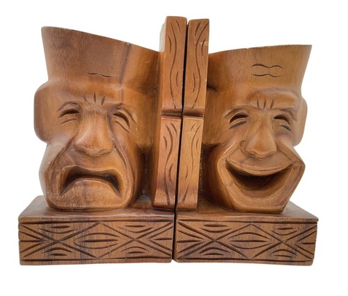 Vtg 1960s MCM Comedy & Tragedy Theatre Bookends Solid Wood by Mirsani 8 x 5 x 3