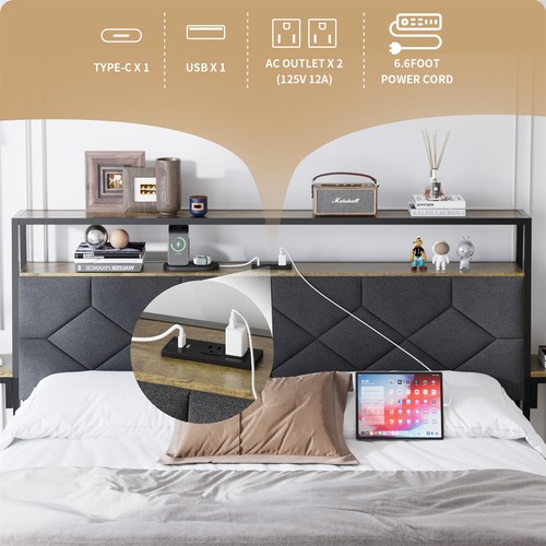 Queen Size Bed Frame w/ Upholstered Headboard & LED Lights & USB Ports - Picture 3 of 13