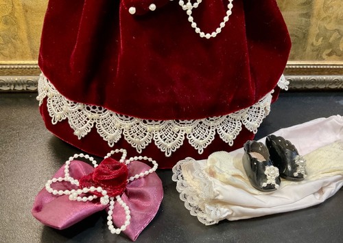 Gorgeous Vintage Maroon, Velvet Dress For Antique Doll-Fit 14 In Doll - Picture 4 of 11