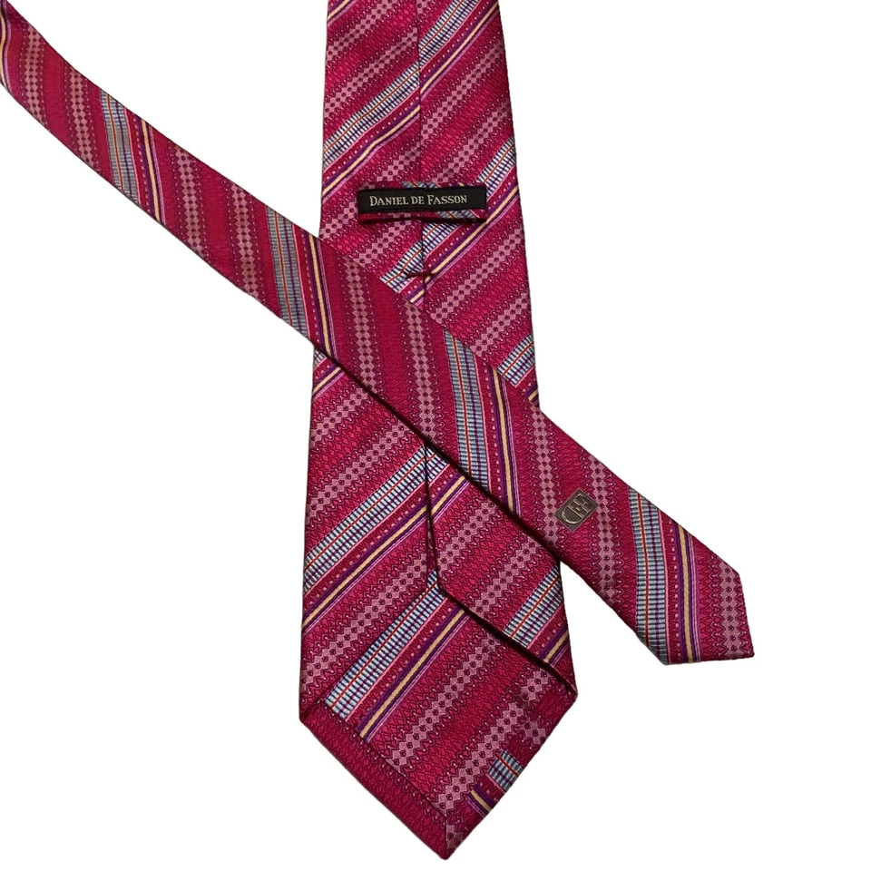 DANIEL DE FASSON SEVENFOLD Silk Necktie Designer STRIPED Pink/Blue/Purple EUC - Image 3 of 4