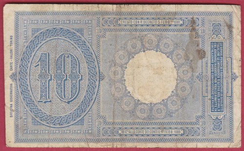 R* ITALY 10 LIRE 1888 P-20 FINE DETAILS #6329 - Picture 2 of 2