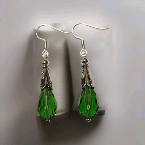 Vintage Art Deco Style Green Faceted Teardrop Crystal Earrings In Silver Plate - Picture 7 of 9