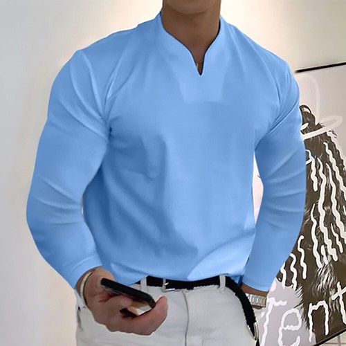 Autumn Mens Solid V Neck T-shirts Slim Fit Casual Long Sleeve Blouse Tops Tees - Picture 28 of 31