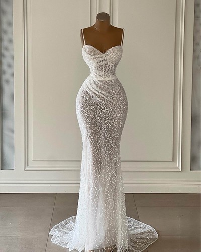 Wedding Dress Spaghetti Strap Split Mermaid Strapless Sequins Ruche Train Lace - Picture 2 of 10