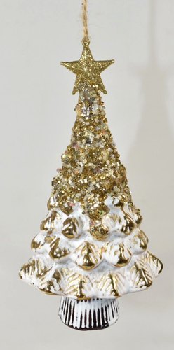 Pottery Barn White Gold Glitter Mercury Glass Tree Ornament Christmas Holiday
