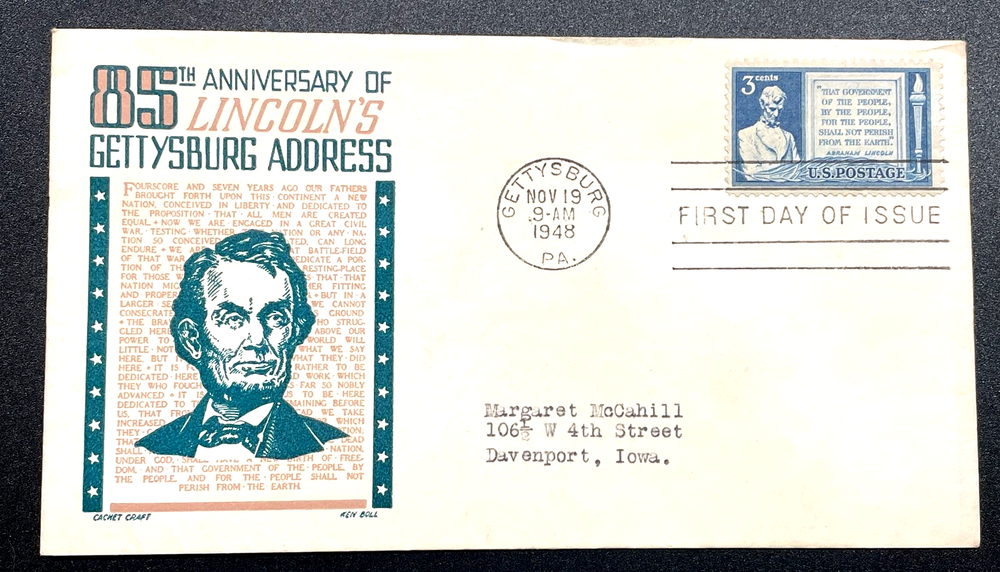 US FDC # 978 Gettysburg Address; Cachet; Postmark: Gettysburg