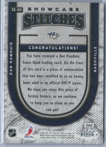 06-07 Flair Showcase Hockey Dan Hamhuis Predators Showcase Stitches Jersey Card - Bild 2 von 2