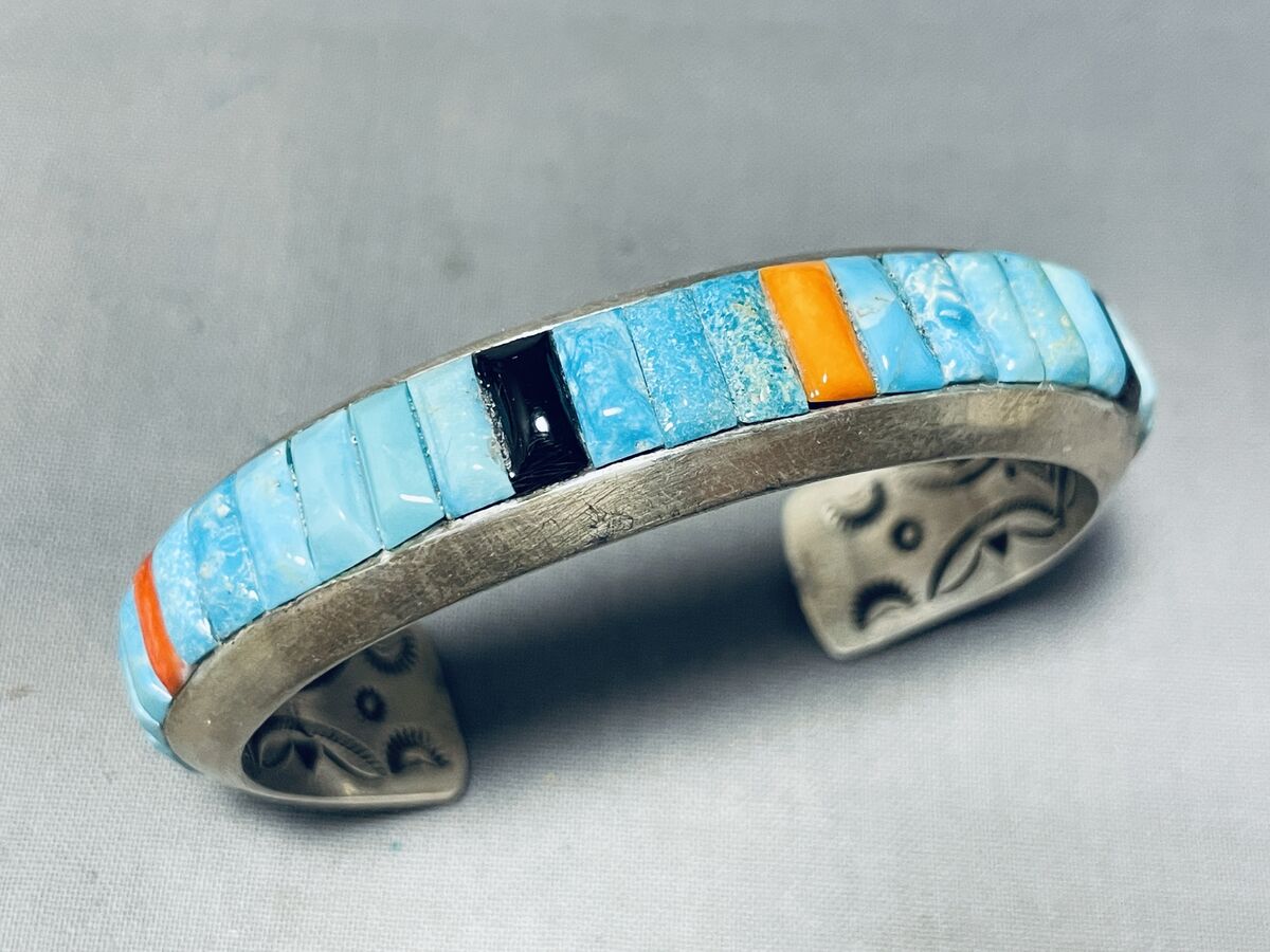 Important Vintage Navajo Inlay Shop Sterling Silver Turquoise Bracelet Important Vintage Navajo Inlay Shop Sterling Silver Turquoise Bracelet