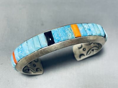 Important Ray Adakai Vintage Native American Navajo Turquoise Sterling Silver Inlay Bracelet Important Ray Adakai Vintage Native American Navajo Turquoise Sterling Silver Inlay Bracelet