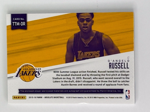 2015-16 PANINI ABSOLUTE D'ANGELO RUSSELL AUTO JERSEY BALL RC 94/99 LA LAKERS - 第 2/2 張圖片