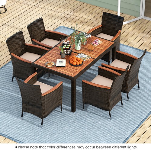 7 Pieces Outdoor Wicker Dining Set with Acacia Wood Table and 6 Stackable Chairs - Picture 3 of 10