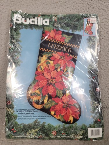 Bucilla Poinsettia Arazzo Punto Ago Calza Kit # 60725 Natale Vacanze