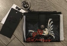 Ed Hardy Tattoo Skull / Roses Wallet Photo ID CC's Snap-close