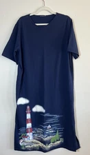 Lighthouse Shirt Dress L Navy Short Sleeve Cotton Casual Midi Shift Dress