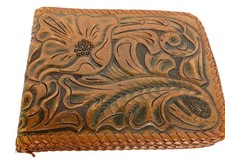 Vintage Hand Tooled Leather Biker Wallet Lotus Flower Bi-fold 70's Initials R.S