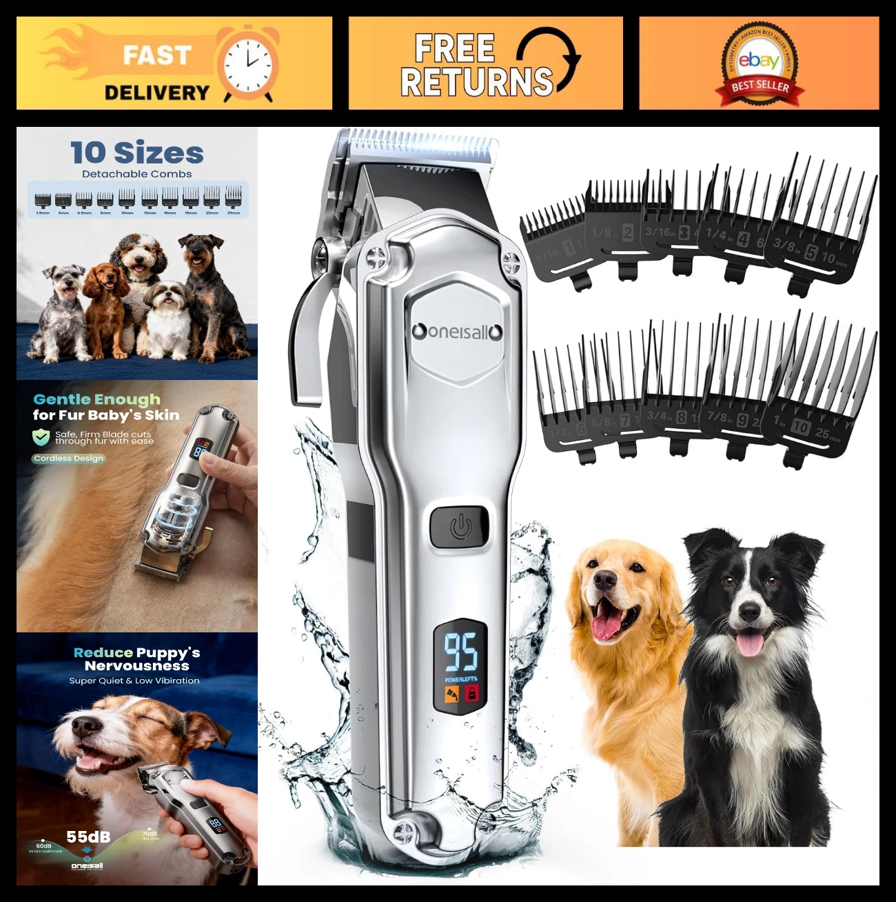 Dog Clippers for Thick Coats - Low Noise Cordless Pet Shaver, Waterproof, Rechar
