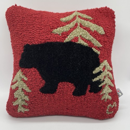 Laura Megroz Chandler 4 Corners BLACK BEAR Trees Red Hooked Wool Pillow 14”x14" - Picture 1 of 21