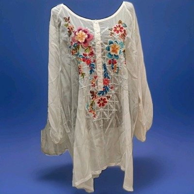 Vintage Johnny Was Egg Shell W/ Floral Embroidery Blouse Size 3X
