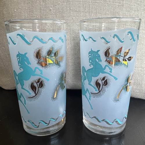 Libbey Turquoise (Blue) & Gold Unicorn Tom Collins Glasses Set of 2 USA 5.5"